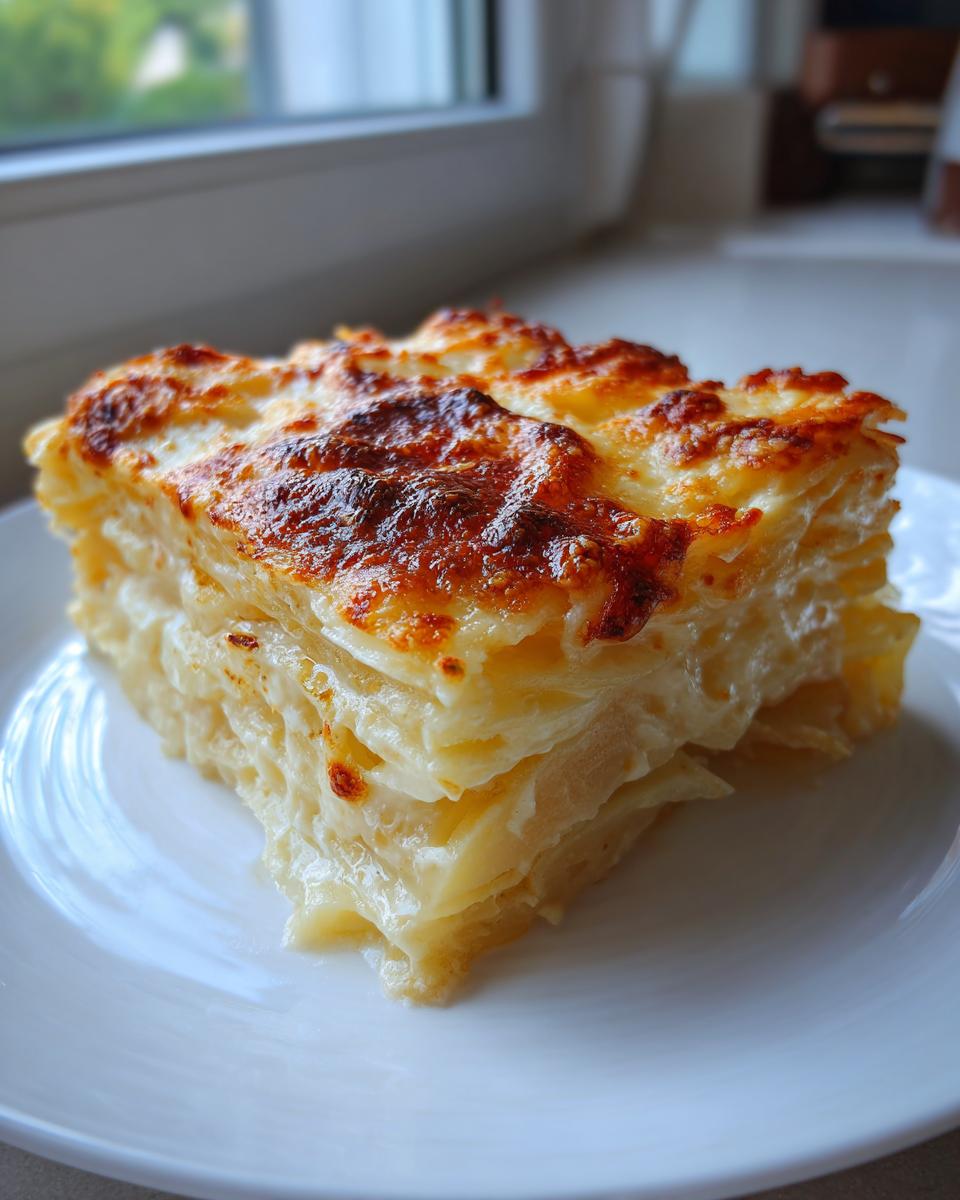 A square slice of creamy potatoes au gratin showing layered potatoes and a deeply browned, cheesy crust.