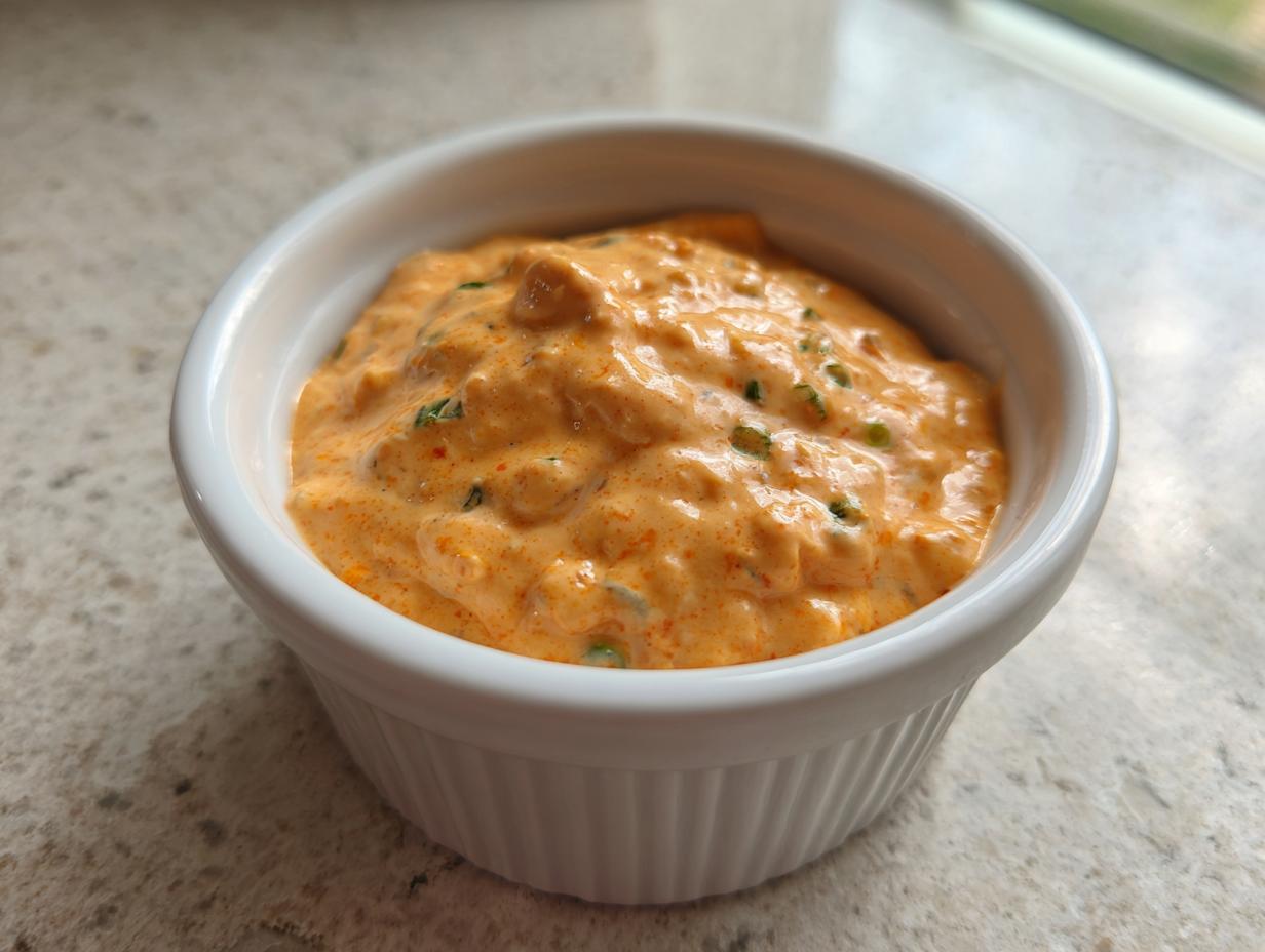 A close-up shot of thick, orange-hued remoulade sauce speckled with green herbs inside a small white ceramic ramekin.