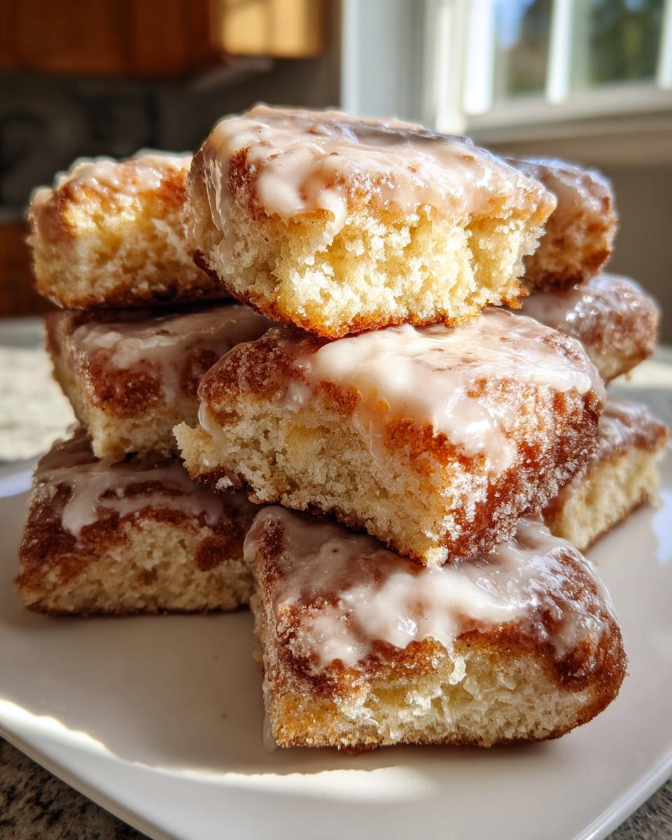 A stack of freshly baked, square buttermilk donut bars topped with a thick white glaze.