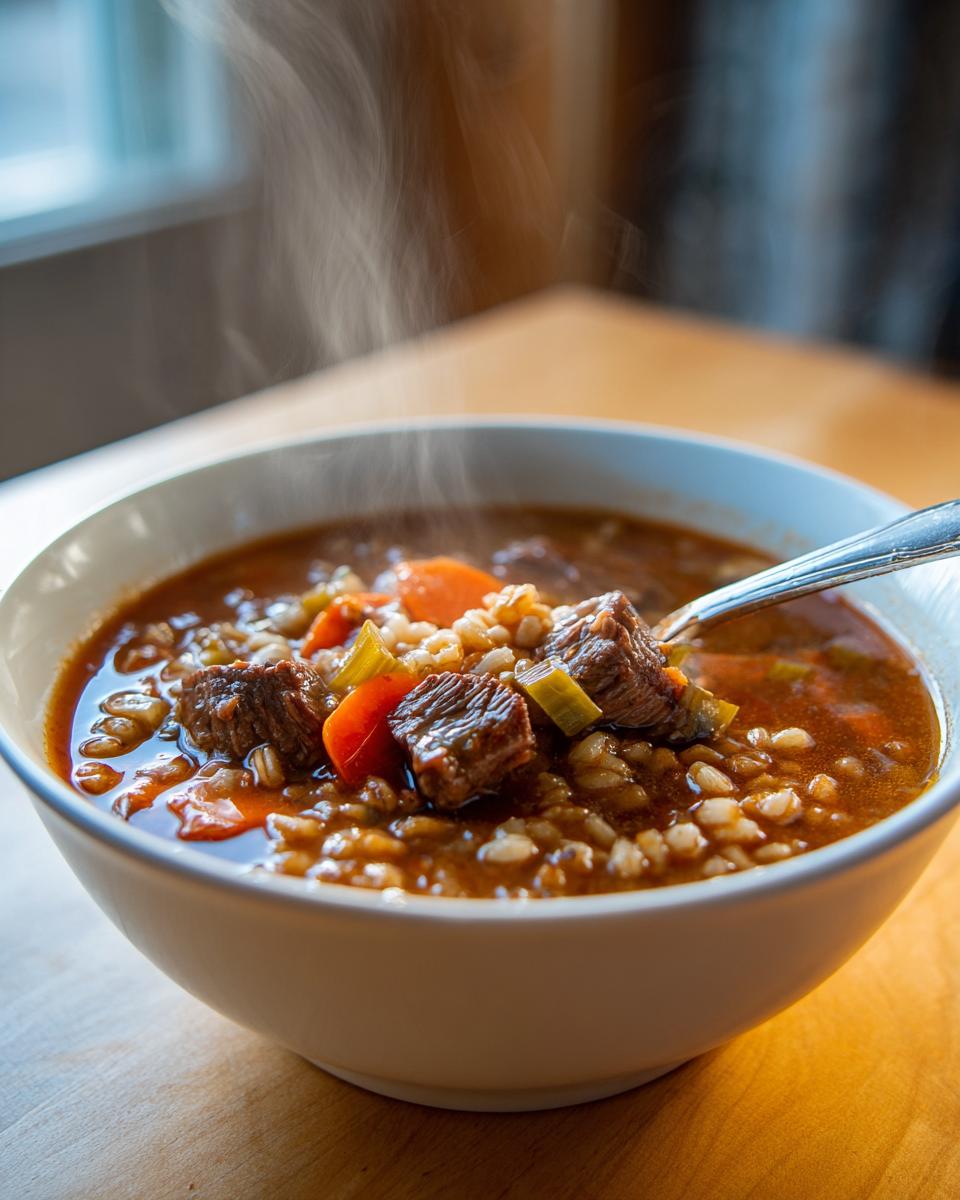 Close-up of a steaming bowl of rich beef barley soup, showing chunks of beef, carrots, and barley.