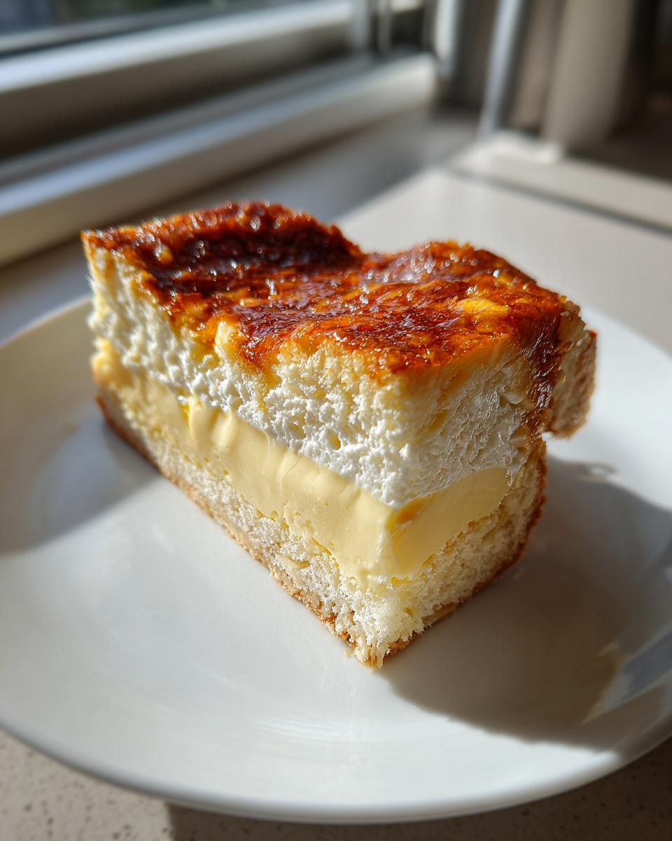 A perfect slice of bee sting cake showing layers of sponge, vanilla cream, meringue, and a caramelized honey topping.