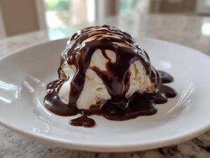 A scoop of vanilla ice cream generously covered in homemade chocolate sauce, served on a white plate.