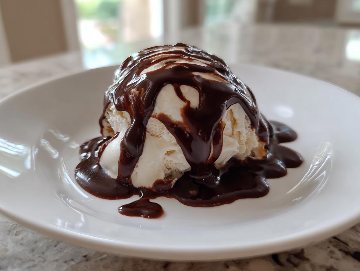 A scoop of vanilla ice cream generously covered in homemade chocolate sauce, served on a white plate.