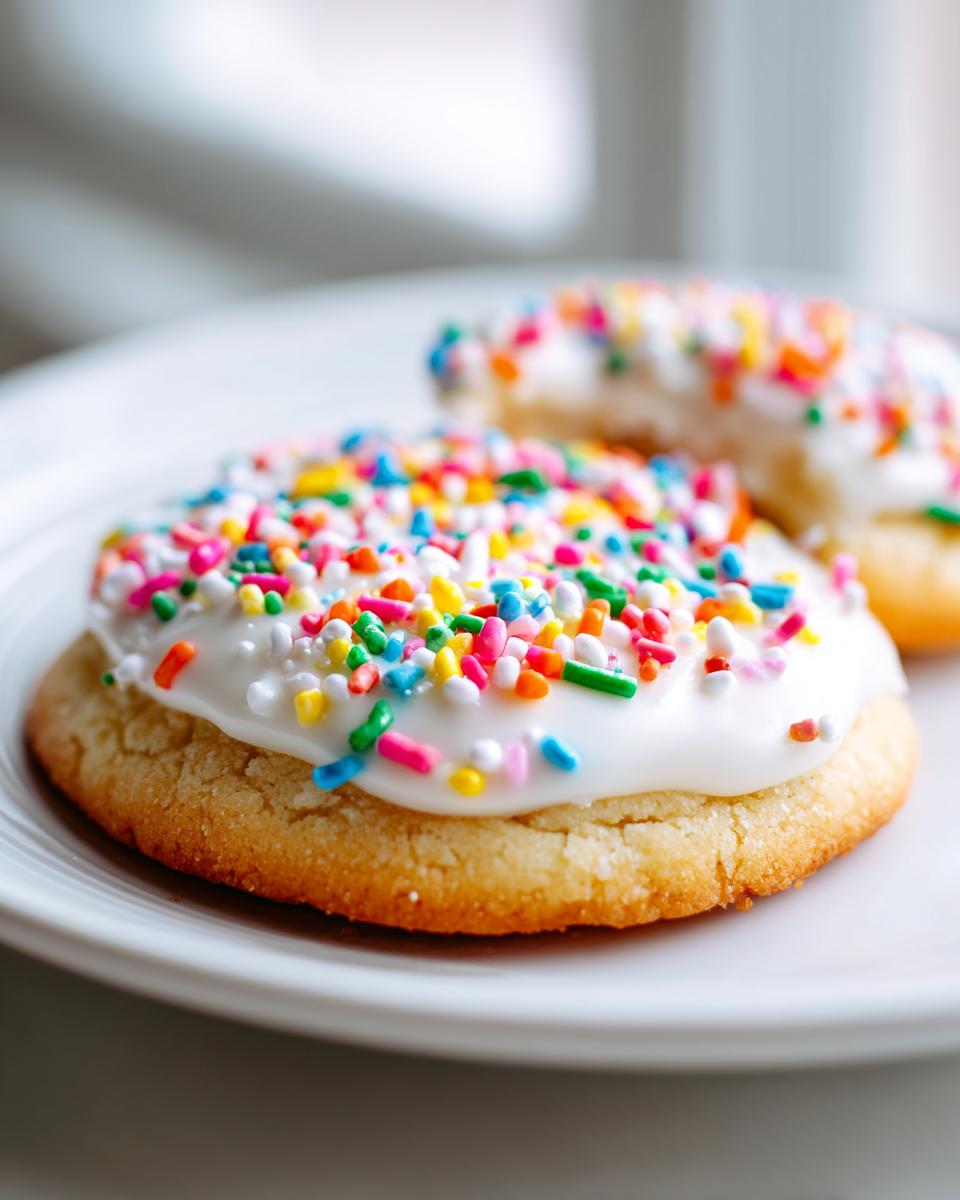A close-up of a soft, round vegan sugar cookie topped with thick white icing and bright rainbow sprinkles.