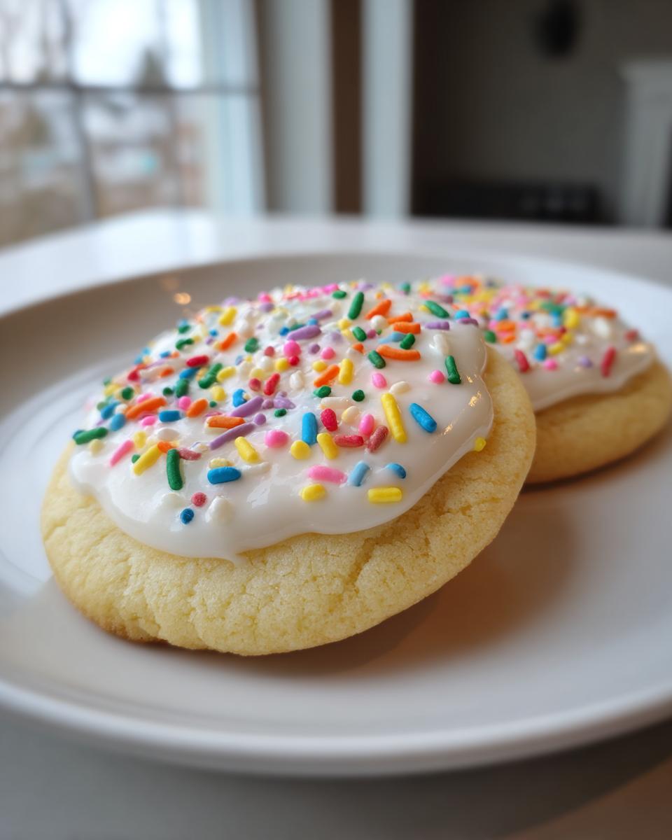 Two soft vegan sugar cookies topped with thick white frosting and colorful rainbow sprinkles, resting on a white plate.