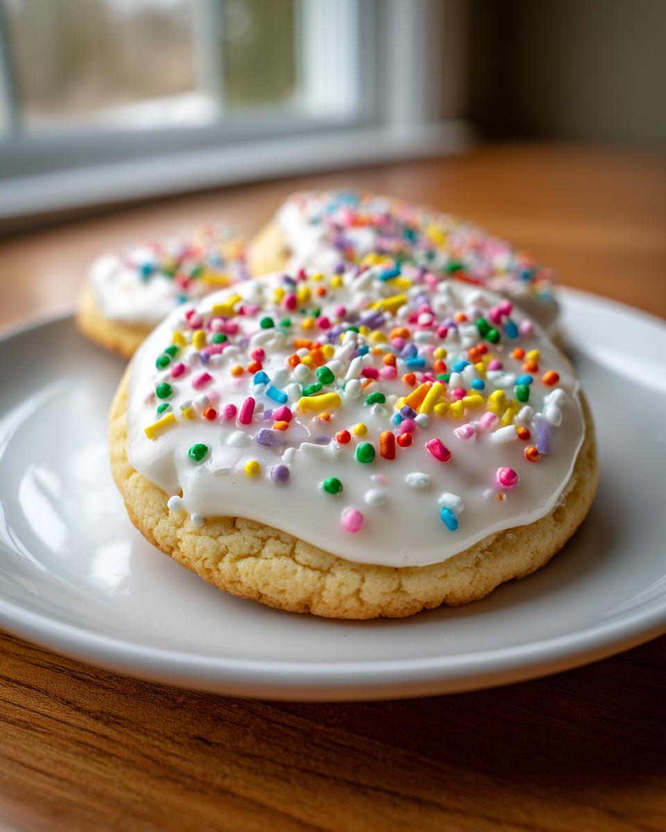 A close-up of a round vegan sugar cookie topped with white icing and colorful rainbow sprinkles.
