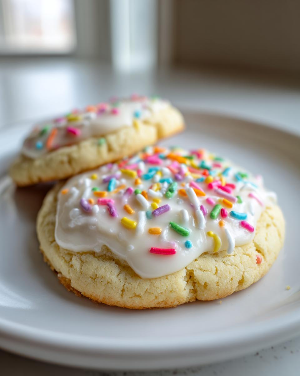 Two soft, round vegan sugar cookies topped with thick white icing and colorful rainbow sprinkles on a white plate.