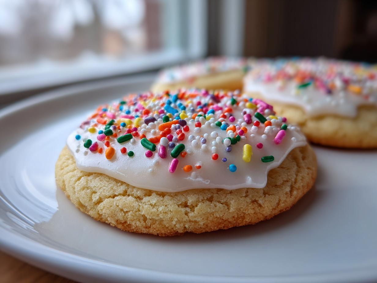 Close-up of a soft, round vegan sugar cookie topped with white icing and colorful rainbow sprinkles.