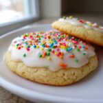 A close-up of a perfectly frosted vegan sugar cookie topped with colorful sprinkles, resting on a white plate.