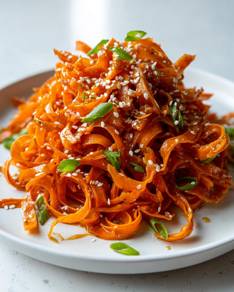 A mound of glossy, ribboned raw carrot salad topped with white sesame seeds and sliced green onions.