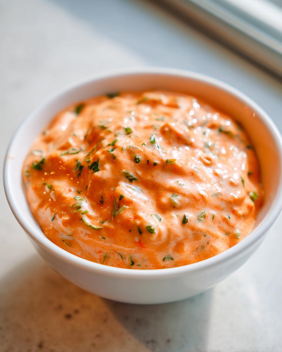 Close-up of a creamy, orange-hued remoulade sauce flecked with green herbs in a small white bowl.