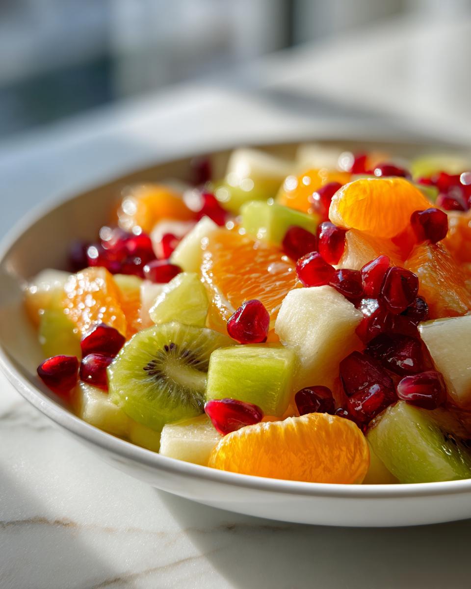 Close-up of a vibrant winter fruit salad featuring kiwi, orange segments, and bright red pomegranate seeds.