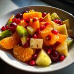 Close-up of a bright winter fruit salad featuring orange segments, kiwi, pineapple chunks, and pomegranate seeds.