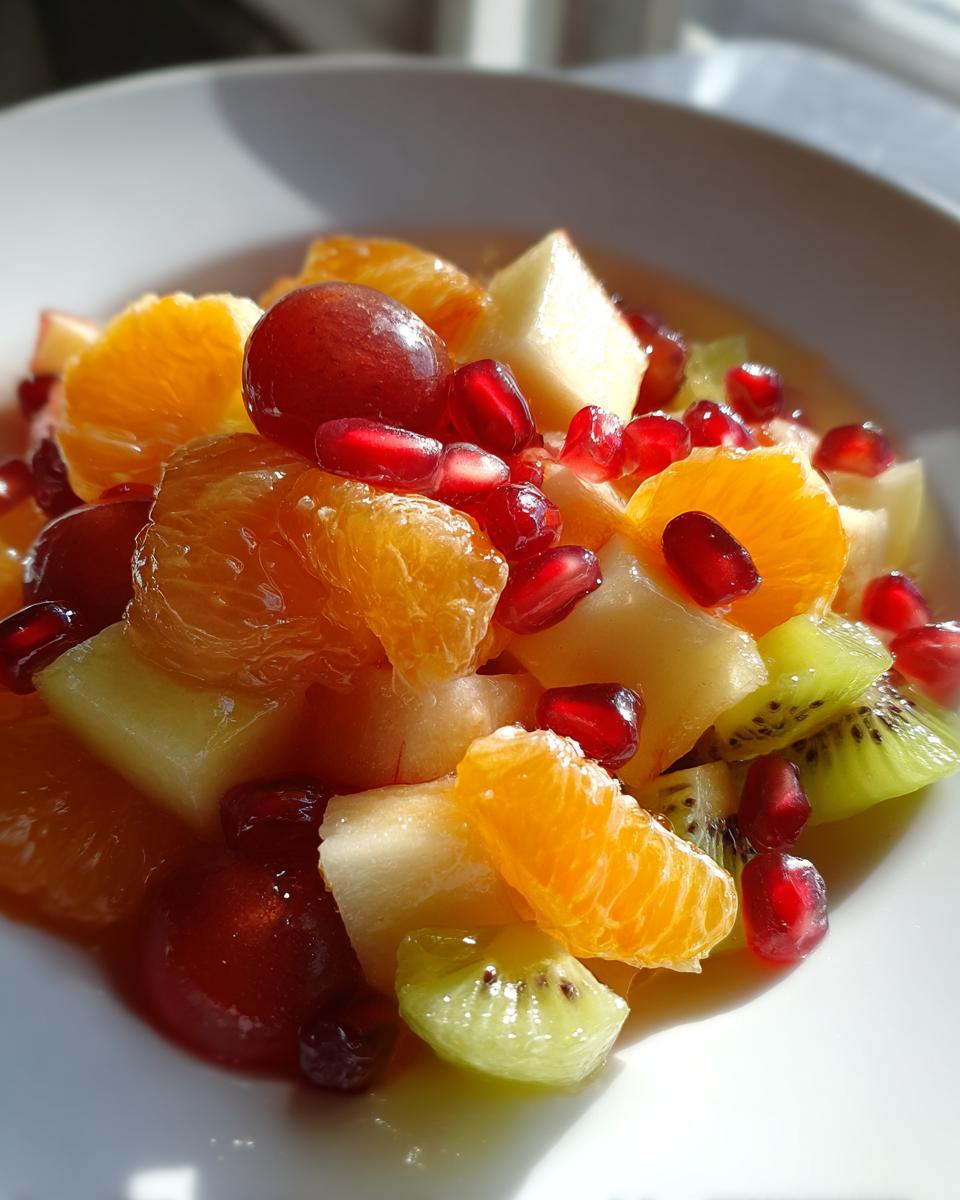 Close-up of a vibrant winter fruit salad featuring orange segments, kiwi slices, grapes, and bright red pomegranate seeds.