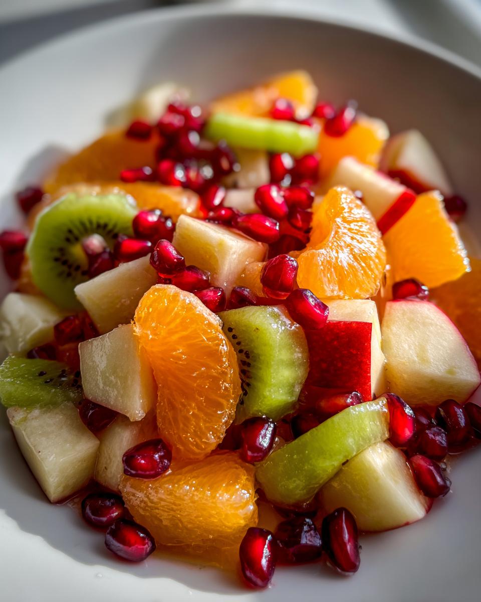 Close-up of a colorful winter fruit salad featuring orange slices, kiwi, apple chunks, and bright red pomegranate seeds.