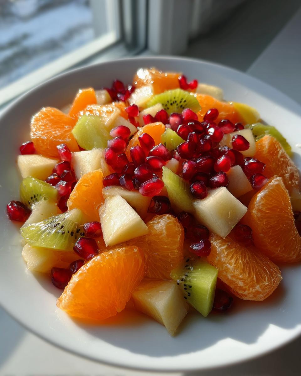 A vibrant bowl of winter fruit salad featuring orange segments, kiwi, pear chunks, and bright red pomegranate seeds.