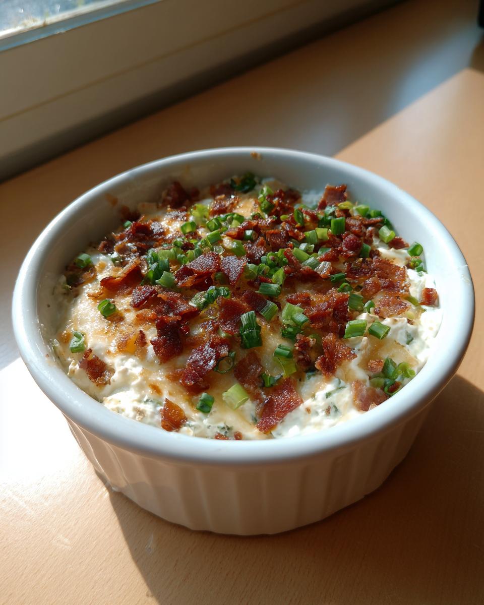 A small white ramekin filled with warm cream cheese dip topped generously with crispy bacon bits and fresh green chives.