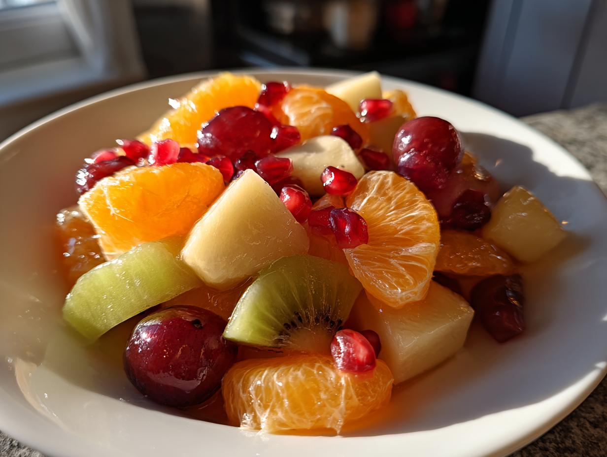 Close-up of a vibrant winter fruit salad featuring oranges, kiwi, grapes, and pomegranate seeds in a white bowl.